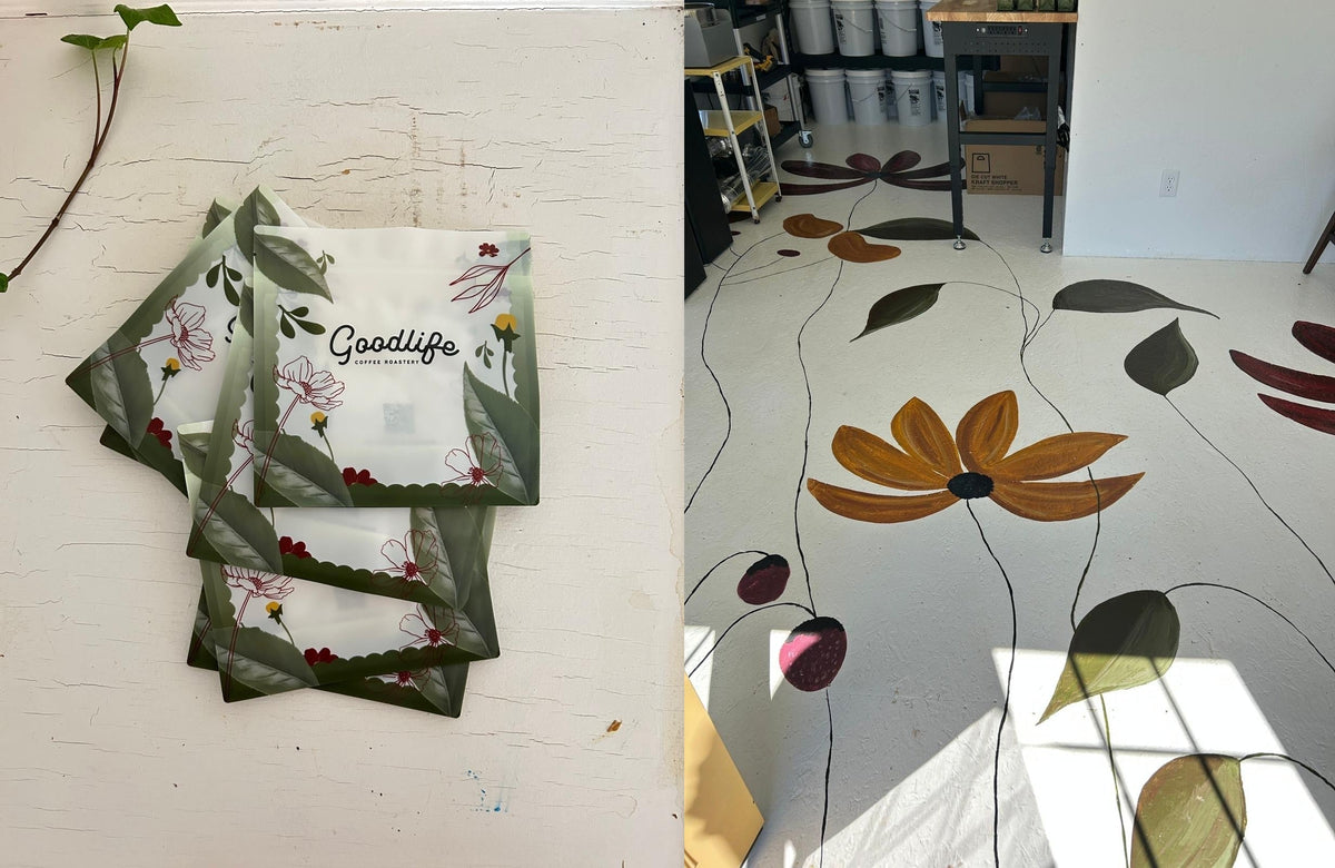 Goodlife Coffee Roastery floral coffee bags inspired by the painted roastery floor
