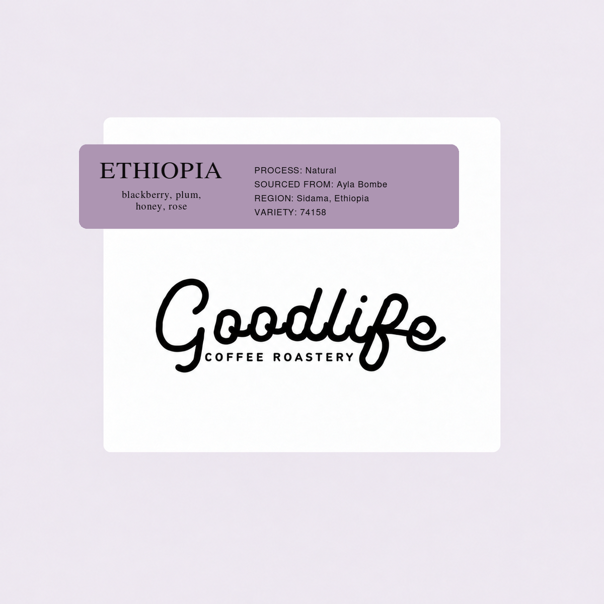 Ethiopia Ayla Bombe coffee thumbnail styled to match the Colombia Pink Bourbon thumbnail, with two-line blackberry, plum, honey, and rose notes